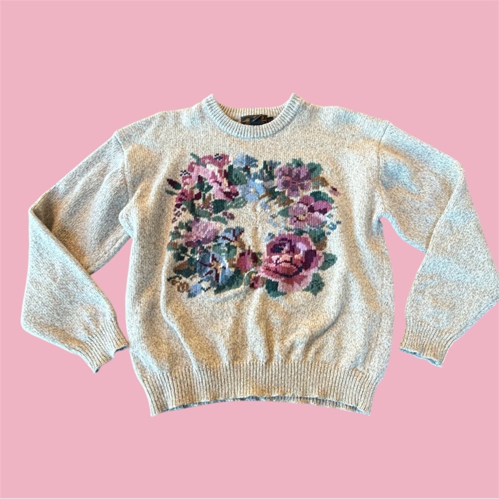 Vintage Eddie Bauer Floral Knit Sweater - oatmeal and Pink